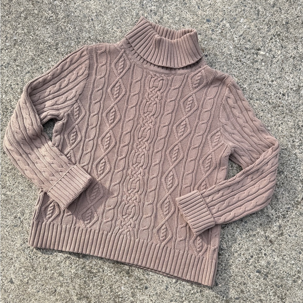 Jeanne Pierre Cable Knit Turtleneck Sweater Light Brown Tan Size M 100% Cotton